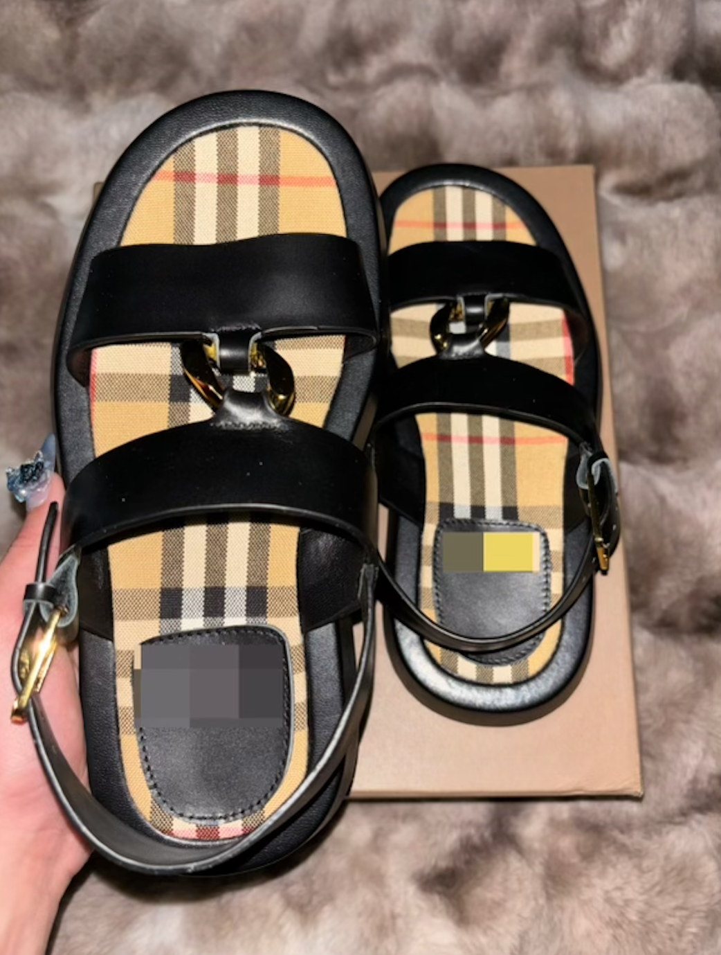 Brown Plaid Black Leather Walker Sandals